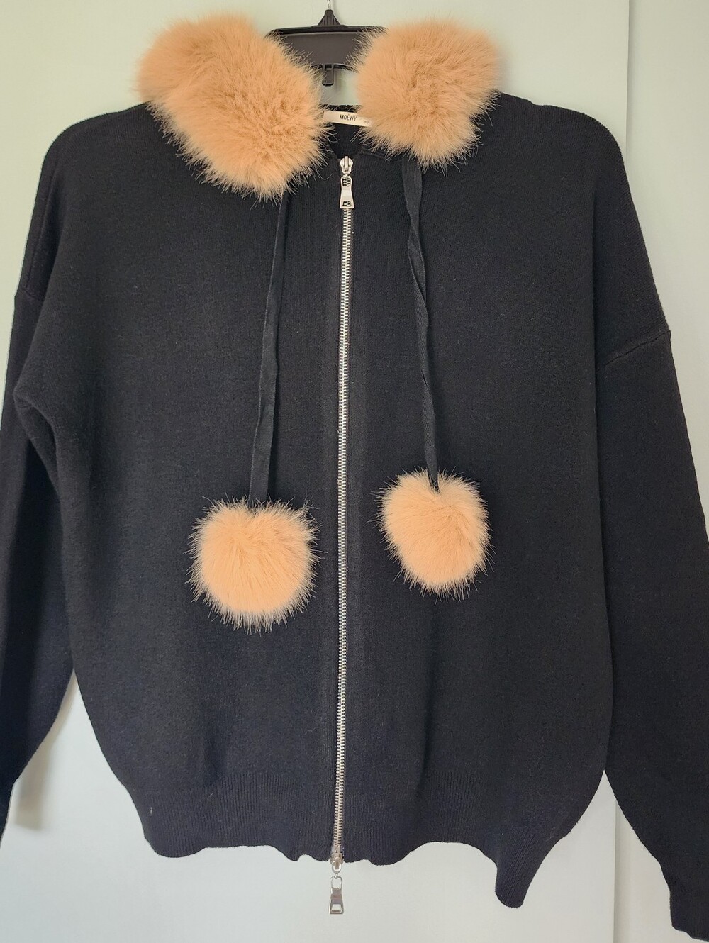 Black Women's Zip-Up Jacket with Detachable Fur Trim